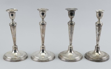 SET OF FOUR GEORGE III SHEFFIELD SILVER CANDLESTICKS Late 18th Century Heights 9.5”.