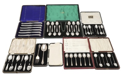 SEVEN VARIOUS CASED SETS OF SILVER FLATWARE & CUTLERY. two s...