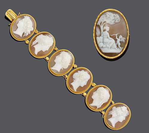 SHELL CAMEO AND GOLD BRACELET, Rome, ca. 1860, WITH -BROOCH, ca. 1900.