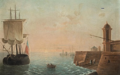 SPANISH SCHOOL (18th century) "View of the port at sunset"