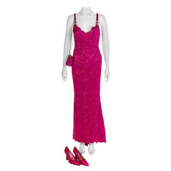 S/S 1996 ICONIC VINTAGE VERSACE ATELIER PINK LACE GOWN