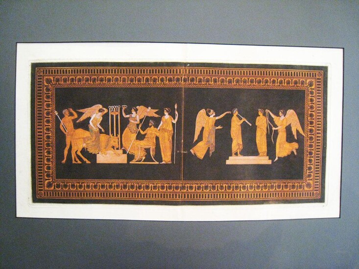 Satyr, Nike and tthe bull tripod. Nike seated Dionysus and Maenad. man with flute and another singing on a podium