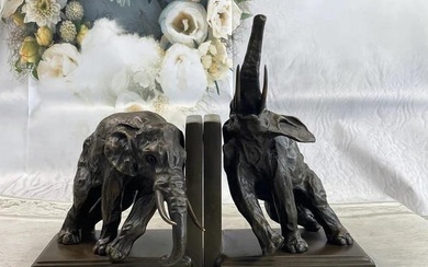 Sculpted Safari Serenity Majestic Elephant Bookends Bronze Sculpture on Marble Base - 11" x 7"