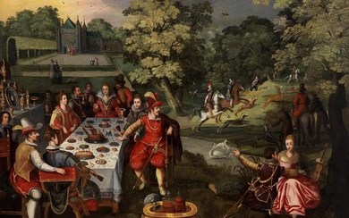 Sebastian Vrancx, 1573 Antwerpen – 1647 ebenda, zug., FESTBANKETT MIT JAGDSZENE UND SCHLOSSANSICHT