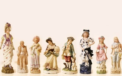 Set Of Eight German Hand Painted Porcelain Biscuit Figurines