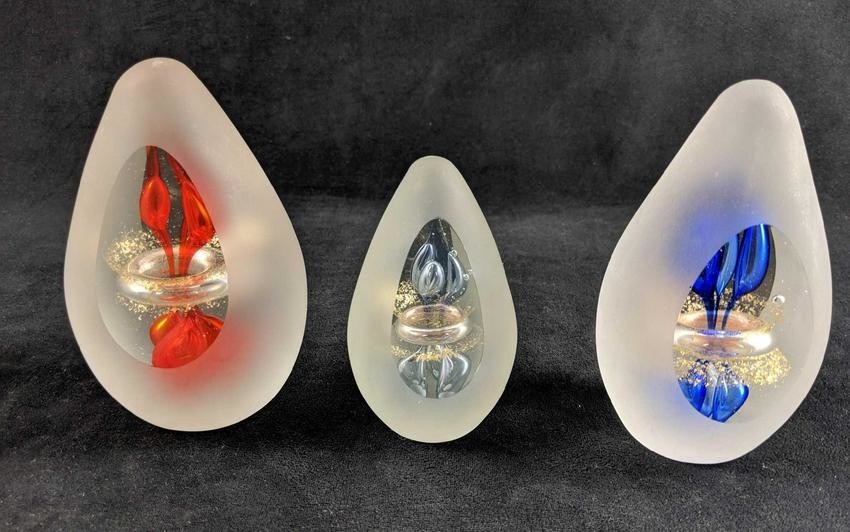 Set Of Three Frosted Glass Paperweights 3D Art Glass