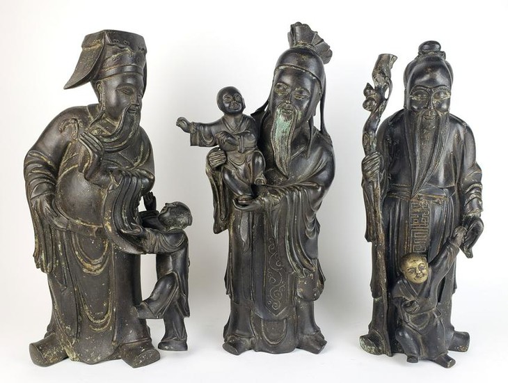 Set of 3 Large Chinese Bronze Figures Holding 3 Smaller
