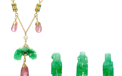 Set of Carved Jadeite 'Fu Lu Shou', and Jadeite, Tourmaline and Cultured Pearl Pendent Necklace