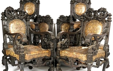 Set of Eight Chinese Qing Carved Dragon Chairs