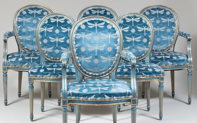 Set of Four Louis XVI Style Blue Painted and Parcel-Gilt Armchairs and Two Side Chairs, Modern