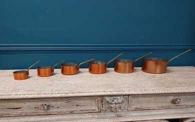 Set of six good quality copper saucepans with brass handles ...