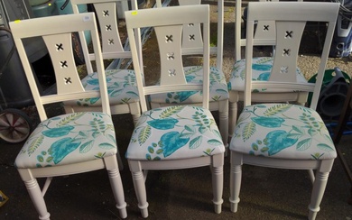 Set of six hardwood dining chairs with contemporary floral c...