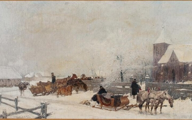 Signed Antique European Winter Scene Oil Painting