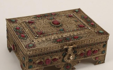 Silvered Filligree Box Mounted with Stones.