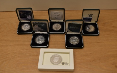 Six Royal Mint Silver Proof Two Pound Brittania's, 1998, 2001, 2003, 2005, 2007 and 2010 in cases