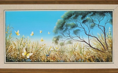 Sue Nagel - "Wildflowers and Butterflies"oil on board, 41.5 x 72cm (frame), signed
