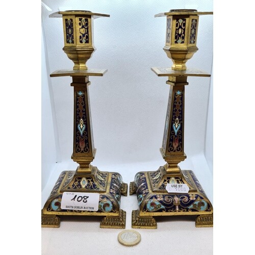 Super pair brass and Enamel 19th century candlesticks.
