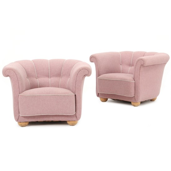 Swedish furniture design: A pair of easy chairs with birch legs. Seat, sides and back upholstered with rosa wool. (2)