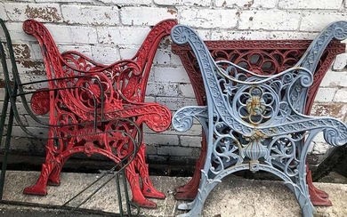 THREE PAIRS OF CAST IRON BENCH ENDS AND TABLE ENDS