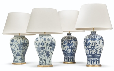 TWO PAIRS OF BLUE AND WHITE VASES MOUNTED AS LAMPS