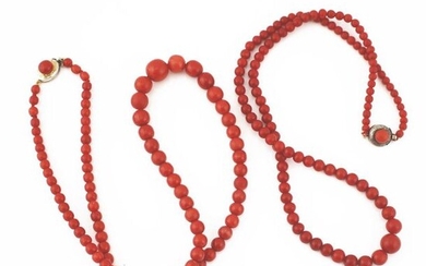 TWO red coral beaded necklaces, each with a...