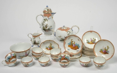 Tea and coffee set in polychrome Meissen porcelain decorated with "Landscapes in motion" including: coffee pot, teapot, milk jug, bowl, sink and 12 cups and saucers. Marked in blue under cover. German work. Period: 19th century. (Chips and bowl **).