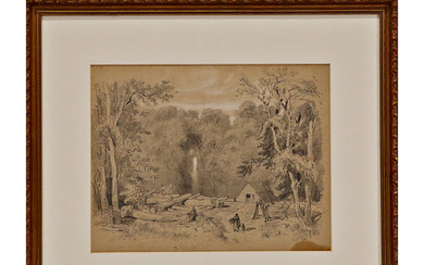 “The Lumberjack"s Hut” February 18, 1818, pencil drawing, 19th century...