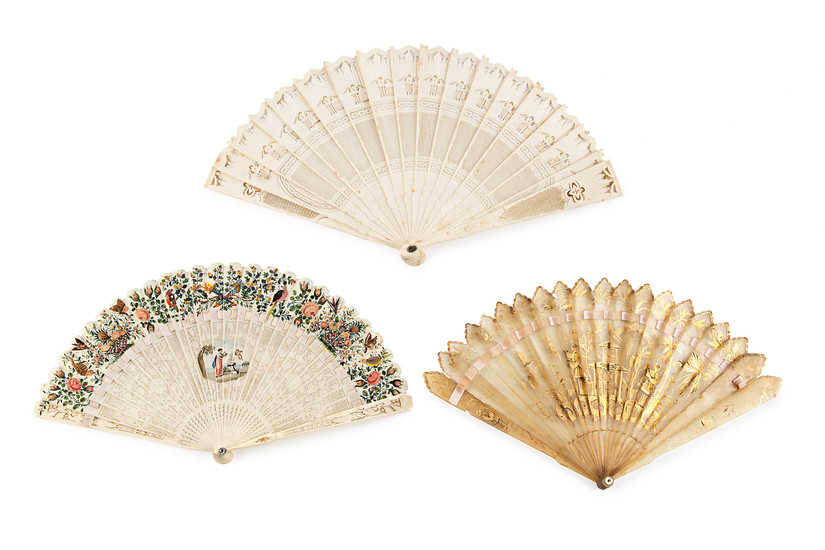 Three Chinese folding fans for export with sticks in ivory, bone and antler, first half of the 19th Century.