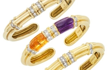 Three Gold, Carved Amethyst and Citrine and Diamond Bangle Bracelets