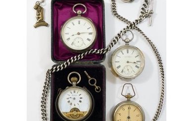 Three silver cased pocket watches and one other pocket watch...