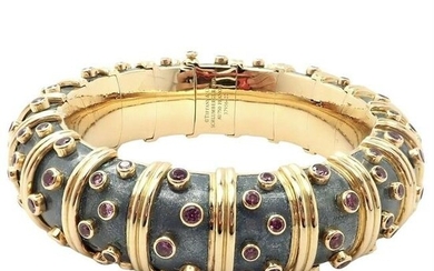 Tiffany & Co Schlumberger 18k Yellow Gold Pink Sapphire Enamel Bangle Bracelet