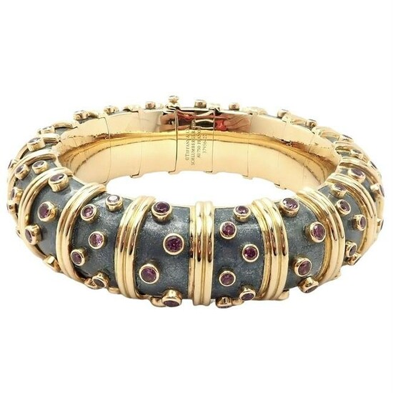 Tiffany & Co Schlumberger 18k Yellow Gold Pink Sapphire Enamel Bangle Bracelet