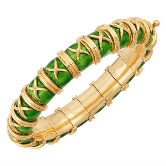 Tiffany & Co., Schlumberger Gold and Green Enamel 'Croisillon' Bangle Bracelet, France