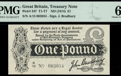 Treasury Series, John Bradbury, first issue £1, ND (7 August 1914), serial number A/15 003034,...