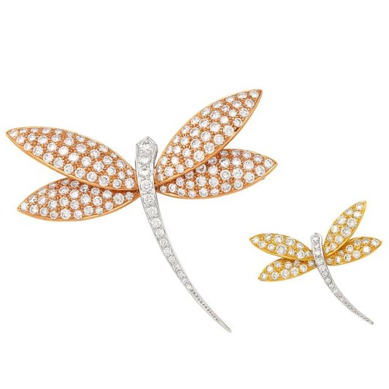 Tricolor Gold and Diamond Dragonfly Brooches