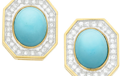 Turquoise, Diamond, Gold Earrings Stones: Turquoise cabochons; full-cut diamonds...