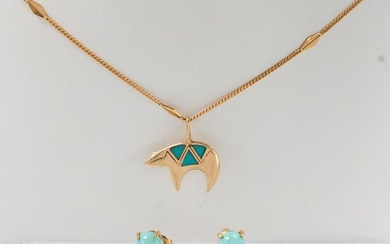 Turquoise, yellow gold jewelry suite