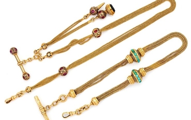 Two 19th century gold, Lady's watch chains, one of four row fine link design with foiled ruby set slides, T-bar, key and seal, accented with black enamel, length 38.5cm; the second with turquoise-set twin slides, the T-bar concealing a watch key...