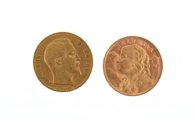Two 20 franc gold coins
