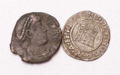 Two Ancient Coins, Constantine The Great, 307-337AD, Copper, Hungarian Silver Dinar, Ferdinand 1503-1696