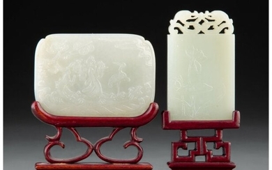 Two Chinese Carved Jade Plaques on Fitted Wood S