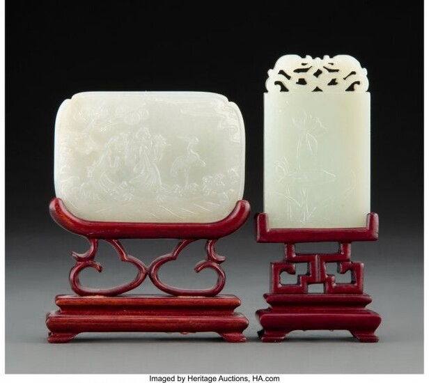 Two Chinese Carved Jade Plaques on Fitted Wood S