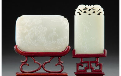 Two Chinese Carved Jade Plaques on Fitted Wood Stands