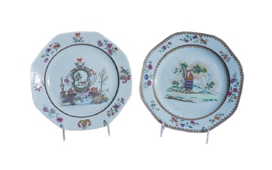 Two Chinese Export 'Famille Rose' Octagonal Armorial Dishes, Qianlong Period (1736-1795)