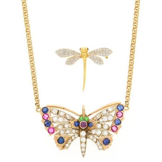 Two-Color Gold, Diamond and Colored-Stone Butterfly Necklace and Two-Color Gold and Diamond Dragonfly Pin