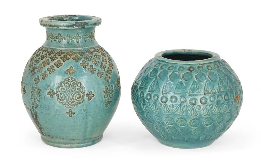 Two Fez vases, 20th century, earthenware, both with impressed decoration, and similar green oxidised glaze, the bottle vase 25cm high, the rotund vase, 19cm high (2) Provenance: Bought from Tindouf Gallery, Tangier