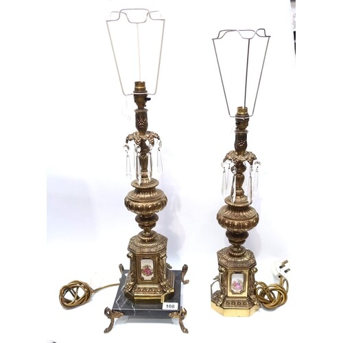 Two French style cast brass table lamps, each with hanging g...