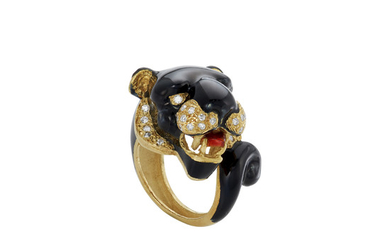 Two Gold, Enamel and Diamond Panther and Leopard Rings
