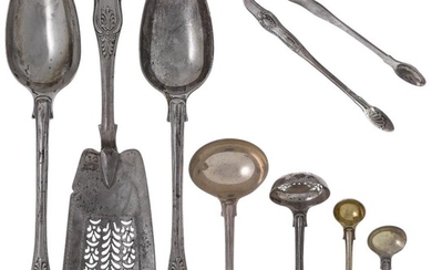 Two William IV King's pattern silver stuffing spoons, London, 1835, Mary Chawner, together with a small quantity of matching implements by the same maker comprising a fish slice, a pair of sugar nips, a sauce ladle, a sifting spoon and two...