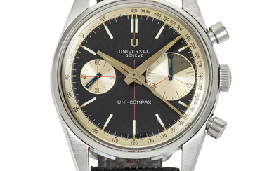 UNIVERSAL GENÈVE. A STAINLESS STEEL MANUAL WIND CHRONOGRAPH WRISTWATCH Uni-Compax,...